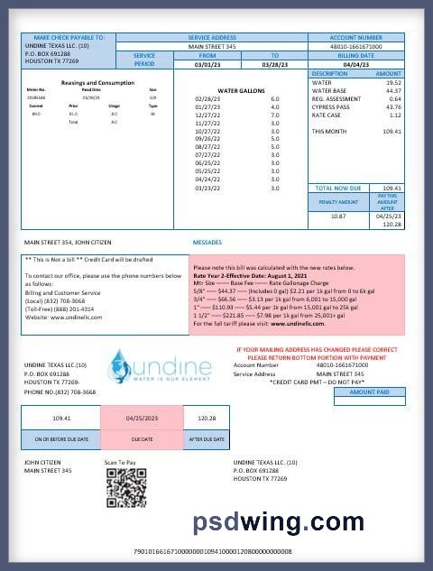 USA Texas Undine Water Utility Bill